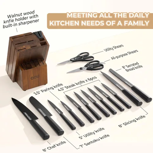 Miniatura 6 de OOU - Juego de bloque de cuchillos de cocina - 15 piezas de cuchillos de chef de acero inoxidable de alto carbono, juego de cuchillos negros