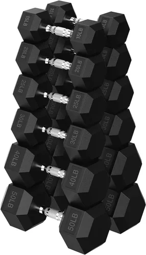 Miniatura 21 de HANDBODE Juego de mancuernas hexagonales de 45 a 640 libras, mancuernas de ejercicio y fitness con revestimiento de goma para gimnasio en casa