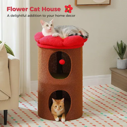 Miniatura 8 de PETEPELA Camas para gatos de 2 niveles para gatos de interior, casa de árbol para gatos con cama de flores extraíble, lindo escondite de gatos