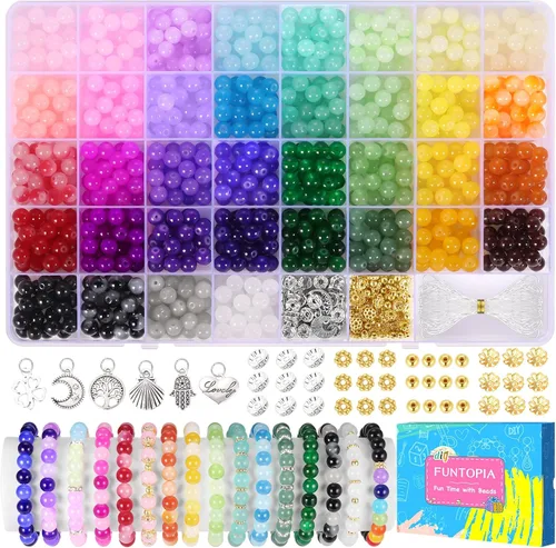Miniatura 8 de 1368 piezas de cuentas de vidrio de 6 mm para pulseras, 34 colores de cuentas de cristal para hacer joyas, cuentas redondas de vidrio Funtopia
