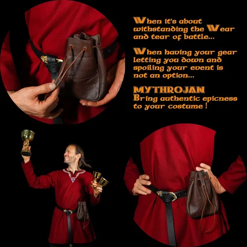 Miniatura 6 de Mythrojan Bolsa medieval con cordón, ideal para SCA LARP Reenactment & Ren fair cuero de grano completo