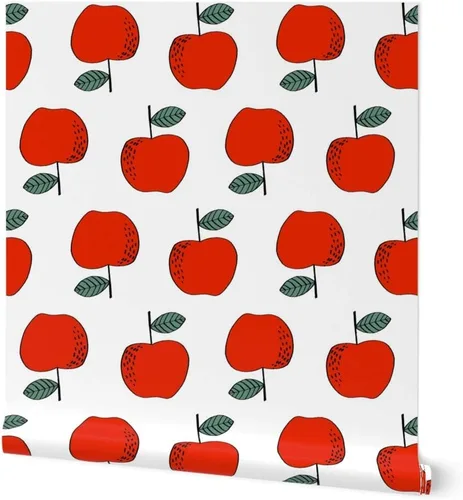 Despegar y pegar papel tapiz muestra – Manzanas rojas niños dulces frutas frutas linda comida blanco verano otoño profesor papel pintado