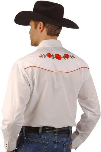 Miniatura 3 de ELY CATTLEMAN Camisa occidental de manga larga para hombre con bordado de rosas