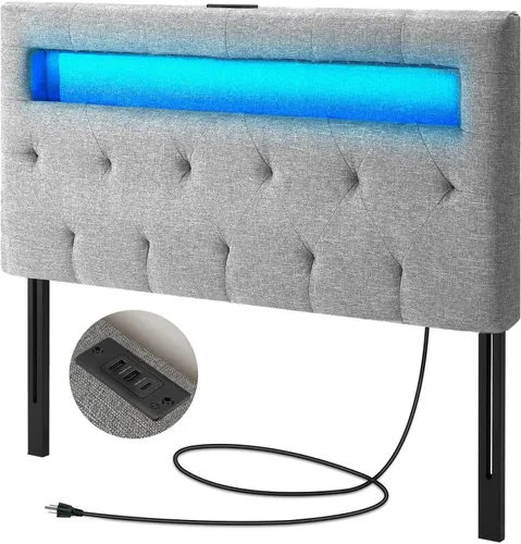 GREENSTELL Cabecero para cama individual con 60,000 colores DIY de luz LED, puerto USB y Tipo C, marco adjunto, altura ajustable, solo cabeceros Gris