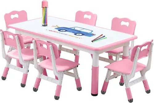 Miniatura 12 de Juego de Mesa y Silla para Niños Ajustable en Altura para Niños Pequeños y Juego de 6 Sillas con Escritorio a Prueba de Grafiti, Patas