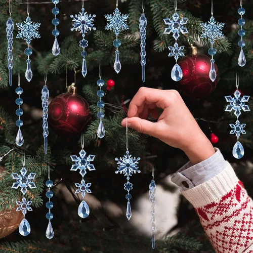 Miniatura 6 de 18 piezas de adornos de Navidad de cristal para decoraciones de árbol de Navidad - Adornos azules colgantes de copo de nieve y carámbano de acrílico