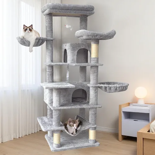 Miniatura 14 de Bonito árbol para gatos de interior de 68 pulgadas, torre alta para gatos con poste rascador y condominio, hamaca, soporte estético para gatos