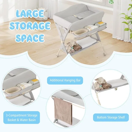 Miniatura 5 de BABY JOY Cambiador portátil para bebé, estación de cambio de pañales plegable con ruedas, altura ajustable, estante de almacenamiento grande, lavabo