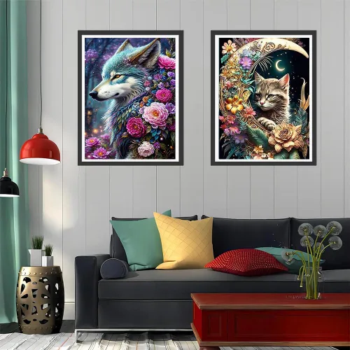 Miniatura 4 de OFRKE Kits de Pintura de Diamantes de Gato y Lobo de 2 Piezas para Adultos, Kits de Arte de Diamantes 5D DIY de Taladro Completo Redondo