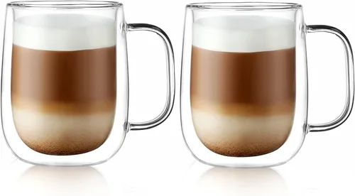 Miniatura 11 de CNGLASS Tazas de café de vidrio de 12 onzas, juego de tazas aisladas de doble pared con asa, tazas de expreso de vidrio transparente para café