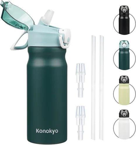 Miniatura 12 de Konokyo Botella de agua aislada de 22 onzas con pajilla, asa de transporte, verde militar