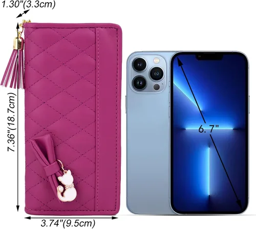 Miniatura 6 de UTO Cartera de piel sintética para mujer, de gran capacidad, colgante de gato, soporte para teléfono, organizador de chequera, con cremallera