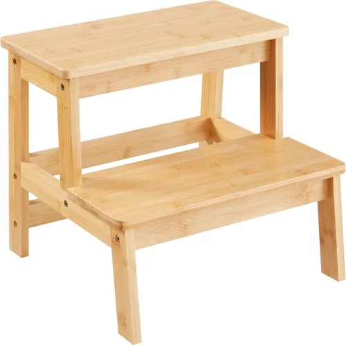 Taburetes de bambú para niños, taburete de madera para cocina/baño/mesita de noche, taburete de doble escalón, soporta hasta 350 libras (madera
