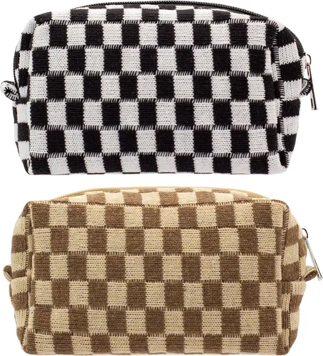 Miniatura 45 de PAZIMIIK Bolsa de Maquillaje a Cuadros para Bolso Portátil con Cremallera, Estuche Pequeño de Cosméticos para Accesorios de Viaje, Azul Ártico