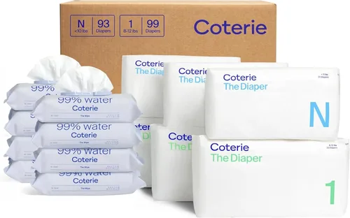 Coterie Kit de toallitas y pañales para bebés, tamaño 1 (99 unidades) y tamaño de pañales para recién nacidos (93 unidades), paquete de 8 (448)
