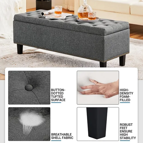 Miniatura 5 de Yaheetech Banco otomano clásico de entrada de 50 pulgadas con almacenamiento, taburete multiusos para reposapiés, color gris oscuro, 2