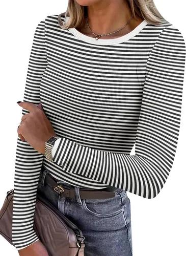 Miniatura 20 de ANRABESS - Camisetas de manga larga para mujer, de punto acanalado, ajustadas, básicas, 2025, informales, para usar a capas o debajo del uniforme