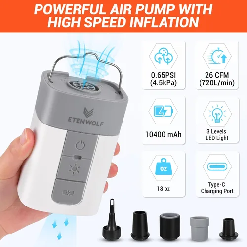 Miniatura 2 de ETENWOLF AIR 5 PRO MAX Bomba de aire para inflables, bomba de aire eléctrica portátil con batería de 10400 mAh, inflador rápido 4 veces