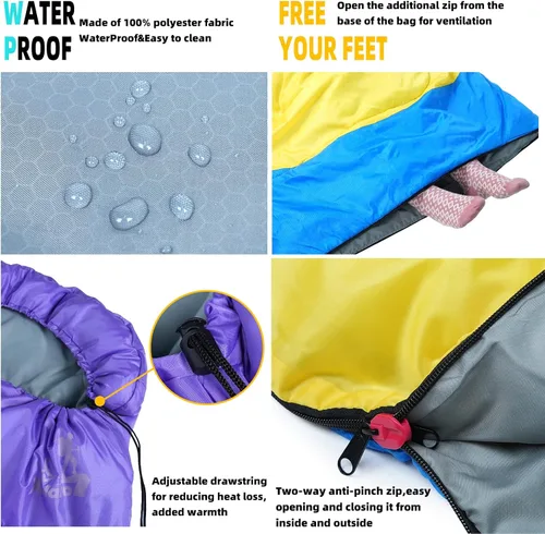 Miniatura 4 de Sacos de dormir para adultos y niños - 3 estaciones para clima frío y cálido, impermeables para acampar - Sacos de dormir ligeros para camping