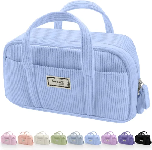 Miniatura 13 de Sooez Estuche grande para lápices, extra grande con 5 compartimentos, bolsa para bolígrafos de amplia apertura, organizador de pana suave con Beige