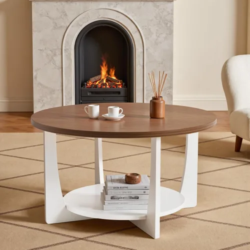 Miniatura 8 de BECHAEO Mesa de centro redonda de 31.5 pulgadas con patas de pino de madera maciza, mesa de centro rústica de 2 niveles con estante