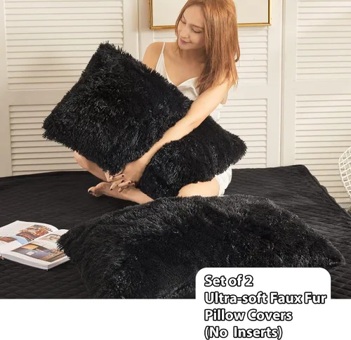 Miniatura 2 de LIFEREVO Paquete de 2 fundas de almohada de piel sintética, serie de lujo decorativa para el hogar de felpa peluda, funda de almohada peluda súper