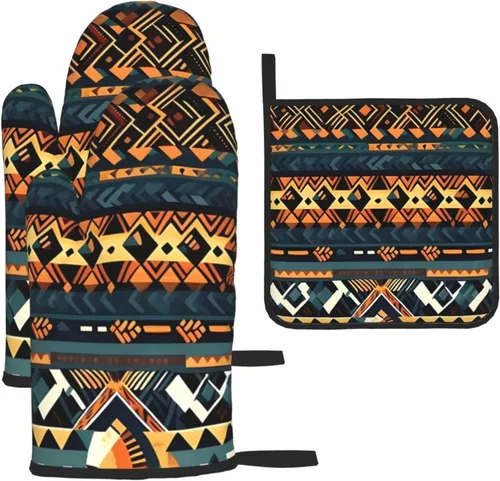 Juego de guantes de horno y soportes para ollas con textura étnica tribal africana, guantes de cocina y soportes para ollas, juego de 3 piezas,