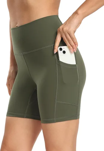 YUNOGA Pantalones cortos de ciclista para mujer de 68 pulgadas, pantalones cortos de yoga de cintura alta con bolsillos, pantalones cortos de