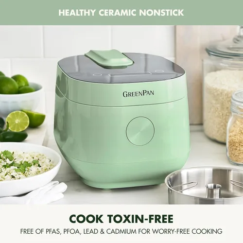 Miniatura 2 de Arrocera GreenPan, 8 tazas cocidas (4 sin cocer), modo bajo en carbohidratos y sopa, 10 ajustes de cocción de un toque, cesta de vapor de cerámica