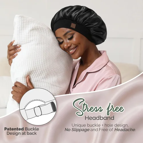Miniatura 2 de Hat Hut Gorro de satén de seda para dormir para mujer, gorro de pelo para cabello rizado, banda ancha ajustable, doble capa
