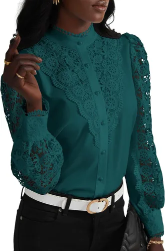 Miniatura 9 de Rooscier Blusa Elegante de Encaje de Crochet con Cuello Alto Simulado de Manga Larga con Botones para Mujer Top