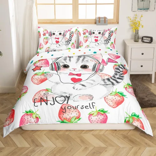 Erosebridal Juego de funda de edredón con diseño de gato y fresa, tamaño individual, diseño de caricaturas, arcoíris, con temática de animales, con
