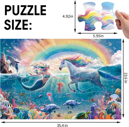 Miniatura 2 de Rompecabezas de suelo jumbo para niños de 4 a 8 años, rompecabezas submarino de unicornio y sirena de 48 piezas, juguetes educativos grandes