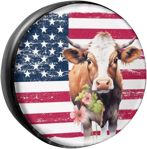 Miniatura 7 de Funda para neumático de repuesto de vaca con bandera estadounidense, de piel sintética, para remolque, RV, SUV y muchos vehículos, 14 pulgadas