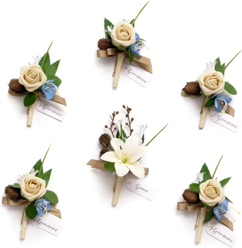 Miniatura 30 de Ling's Moment Boutonniere para Hombres Boda, Juego de 6, Novio y Padrinos Boutonniere para Boda Regreso a Casa Halloween Ceremonia Aniversario, Cena