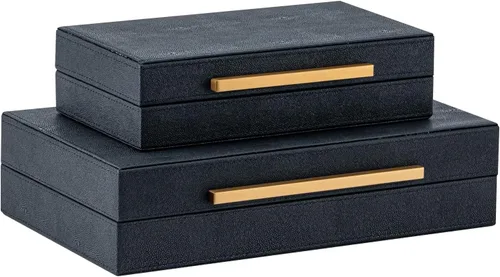 Miniatura 10 de Juego de 2 cajas de almacenamiento decorativas de cuero granulado beige con asas de metal negro – Cajas para joyas y recuerdos de cuero sintético