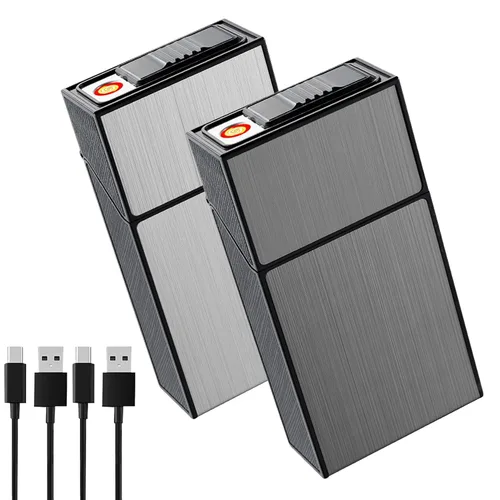 Estuche de cigarrillos con encendedor para tamaño King de 3.93 pulgadas, juego de 2 recargables a prueba de viento, encendedor de bobina eléctrica,