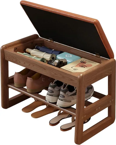 Miniatura 15 de AQIMUELE Banco pequeño para zapatos, banco de zapatos de 2 niveles con almacenamiento con tapa abatible, zapatero de madera para entrada, pasillo