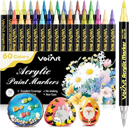 VOKART Marcadores de pintura acrílica de 60 colores, 30 bolígrafos de pintura de doble punta de pincel que incluyen 2 colores metálicos para rocas,