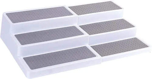 Oizeir Especiero de plástico expandible de 3 niveles, longitud ajustable, estabilidad con estante antideslizante, tres niveles para una fácil