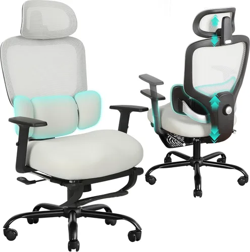 Silla de oficina ergonómica con reposapiés, silla de escritorio de malla con reposacabezas y reposabrazos ajustables y soporte lumbar dinámico Gris