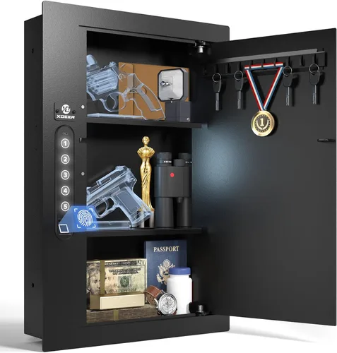 XDeer Caja fuerte de seguridad de pared plana oculta en la pared, caja fuerte biométrica oculta para huellas dactilares, cajas fuertes electrónicas