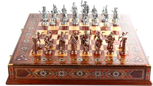 Miniatura 2 de Juego de ajedrez de metal para adultos, figuras históricas antiguas de cobre Roma, piezas hechas a mano y tablero de ajedrez de madera maciza