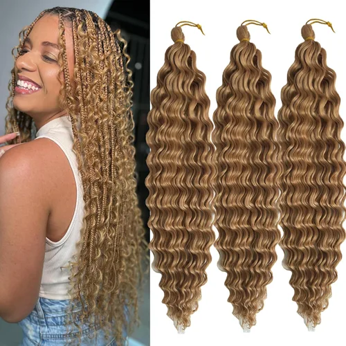 Miniatura 7 de Pelo ondulado de ganchillo de 18 pulgadas, cabello rizado trenzado, 3 paquetes de cabello trenzado de onda profunda para diosa, trenzas sin nudos