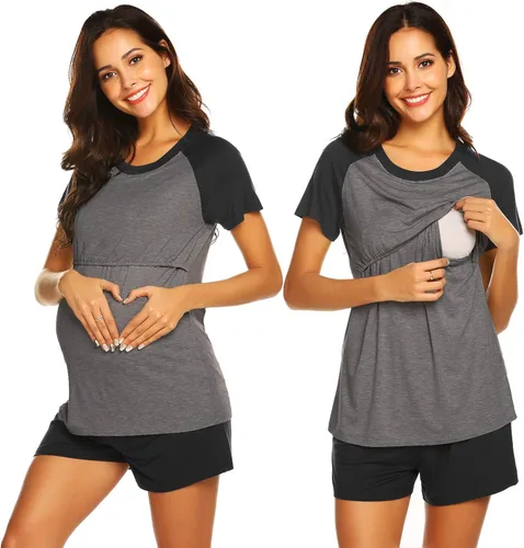 Ekouaer - Conjunto de pijama de maternidad para mujer, para el hospital, de manga corta raglán, estilo béisbol, para embarazo y lactancia
