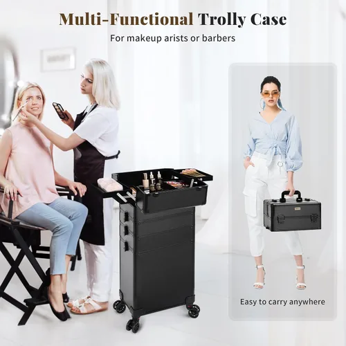 Miniatura 3 de Estuche Profesional de Maquillaje Enrollable con Tapa, Estuche de Cosmetología 5 en 1 con Ruedas, Organizador de Equipaje Cosmético Grande
