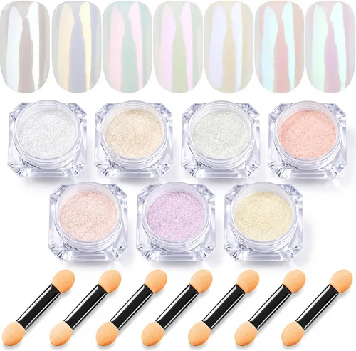 7 Colores Polvo de Uñas Cromado, Kit de Polvo de Uñas con Efecto Espejo Metálico Iridiscente Aurora, Polvo de Brillantina de Concha de Perla Blanca