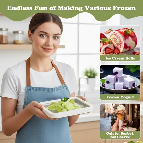 Miniatura 5 de Máquina para hacer helados enrollados, bandeja casera para yogur con 2 espátulas, helado para el hogar, plato frío instantáneo, verde