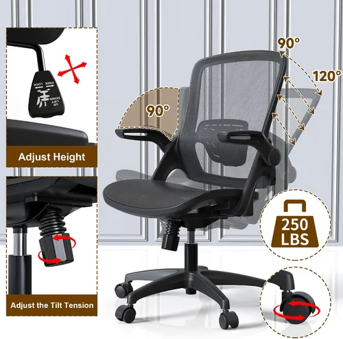 Miniatura 5 de KOLLIEE Silla de oficina en casa de malla ergonómica giratoria con soporte lumbar ajustable, silla de computadora cómoda negra con abatible