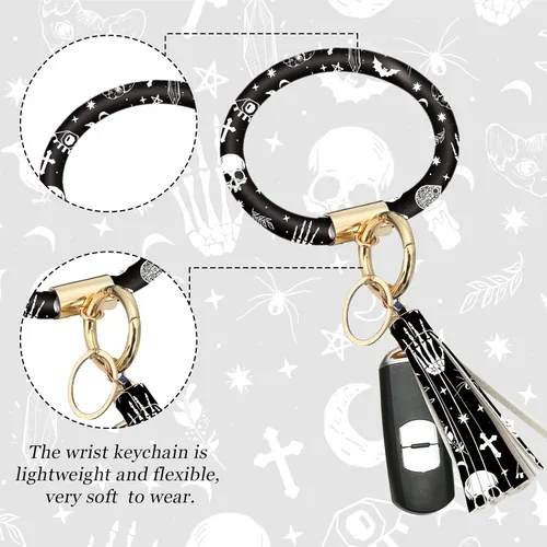 Miniatura 4 de Juego de 4 piezas de accesorios para auto con estampado de lunas negras y estrellas blancas, funda para volante con estampado de lunas negras